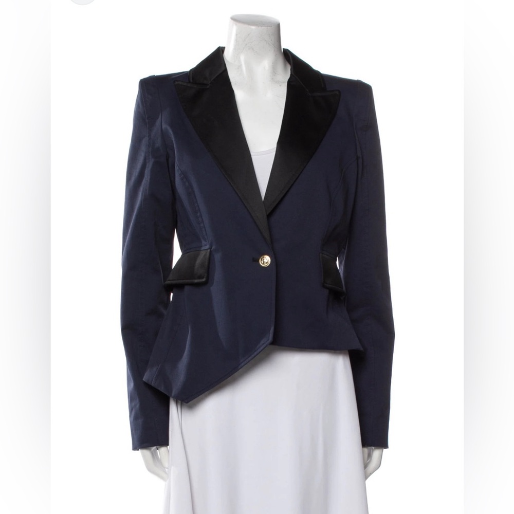 Valentina Shah Navy Satin Trim Blazer Jacket Career Chic Size 4 Tailored Luxe